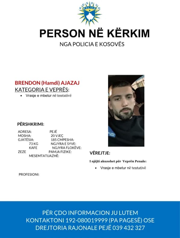 Policia shpall në kërkim 20-vjeçarin për plagosjen e djeshme në Pejë