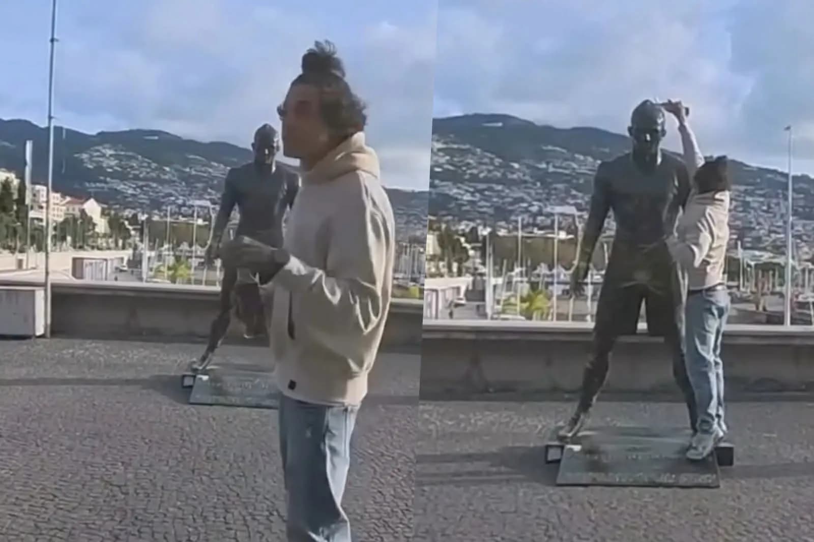 Një person i vë flakën statujës së Cristiano Ronaldos, në vendlindjen e futbollistit