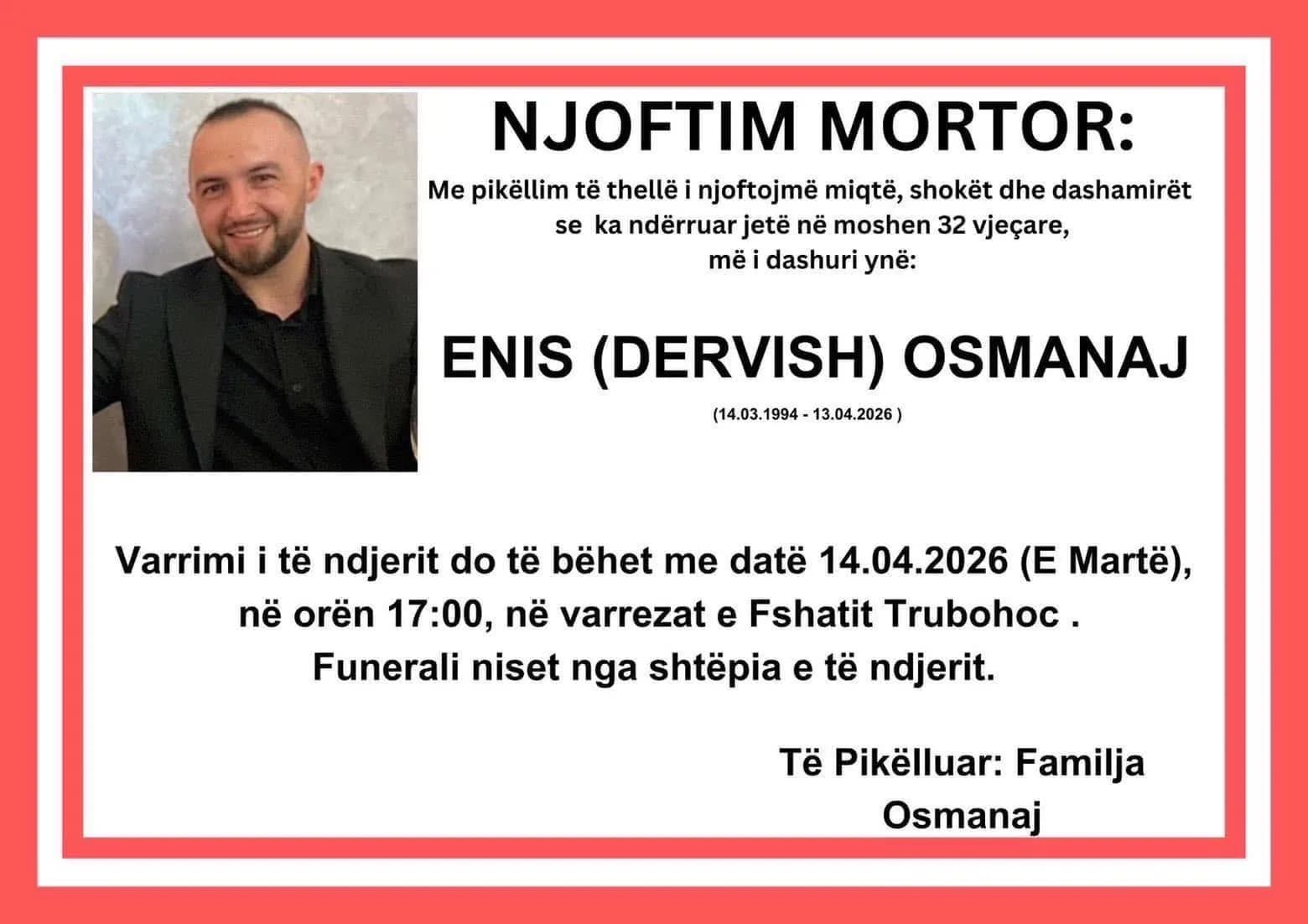 E dhimbshme: Sot i jepet lamtumra e fundit të riut që humbi jetën pas vetaksidentit në Istog